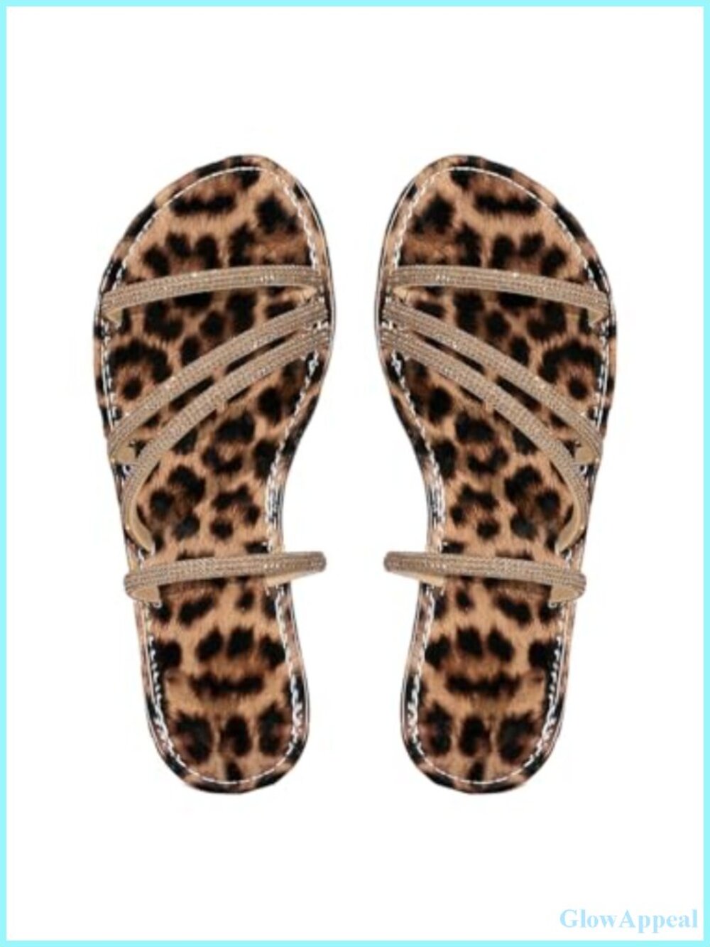 Rhinestone Cheetah Print Slip On Flat Sandals Open Toe Faux Leather Slides